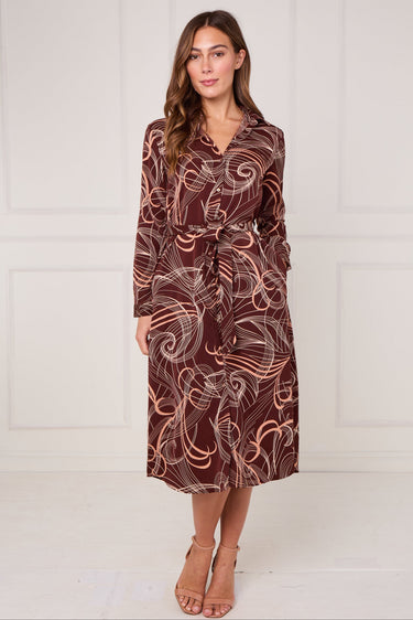Chocolate Abstract Swirl Print Midi Shirt Dress