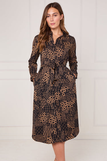 Caramel Modern Patchwork Geo Print Midi Shirt Dress