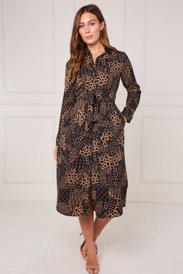 Caramel Modern Patchwork Geo Print Midi Shirt Dress