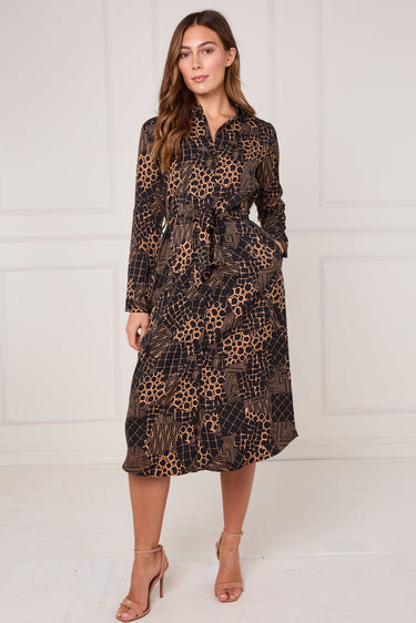 Caramel Modern Patchwork Geo Print Midi Shirt Dress