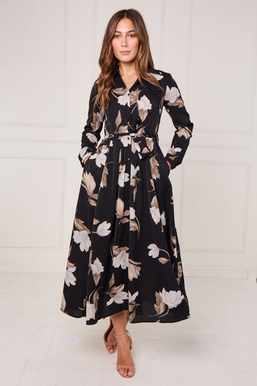 Black and Taupe Magnolia Print Maxi Shirt Dress