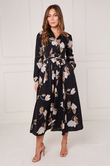 Black and Taupe Magnolia Print Maxi Shirt Dress