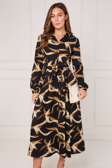 Black and Gold Swirl Print Maxi Shirt Dress