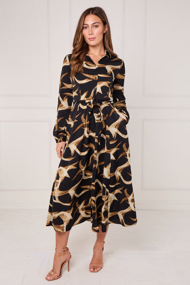 Black and Gold Swirl Print Maxi Shirt Dress