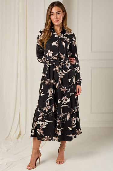 Black and Taupe Orchid Print Maxi Shirt Dress