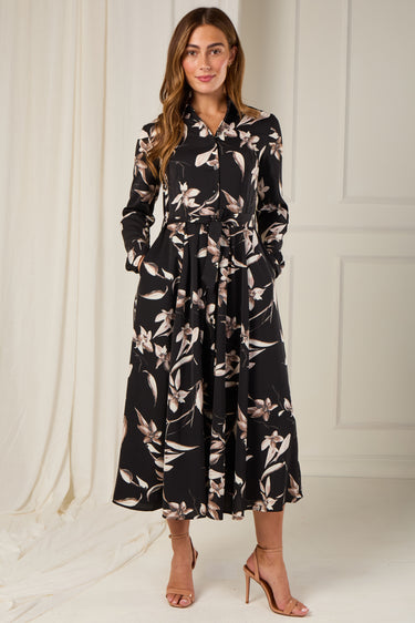 Black and Taupe Orchid Print Maxi Shirt Dress
