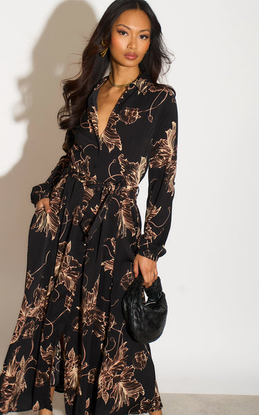 Black Floral Print Midaxi Shirt Dress