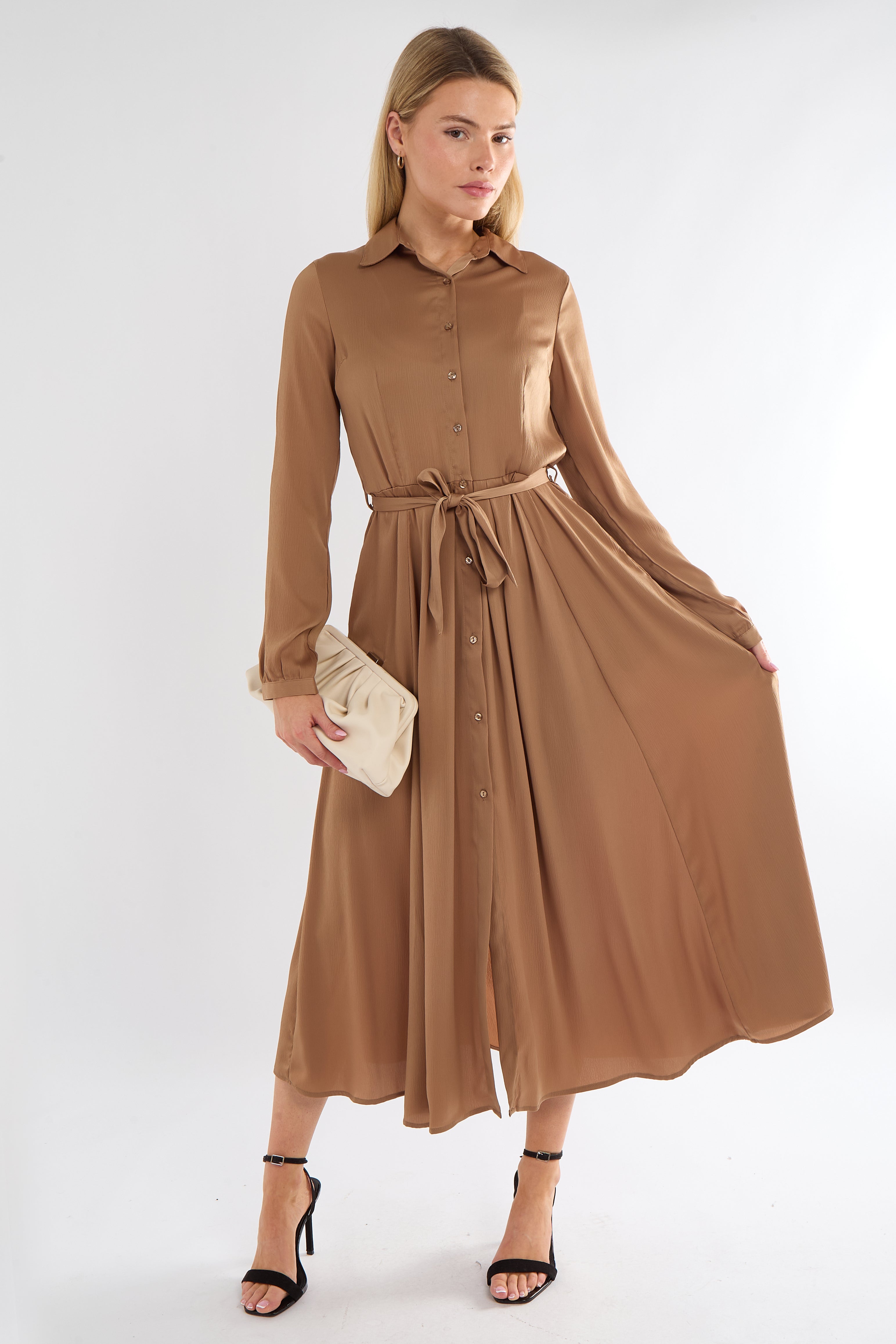 Golden Layer Satin Long Sleeve Maxi Shirt Dress
