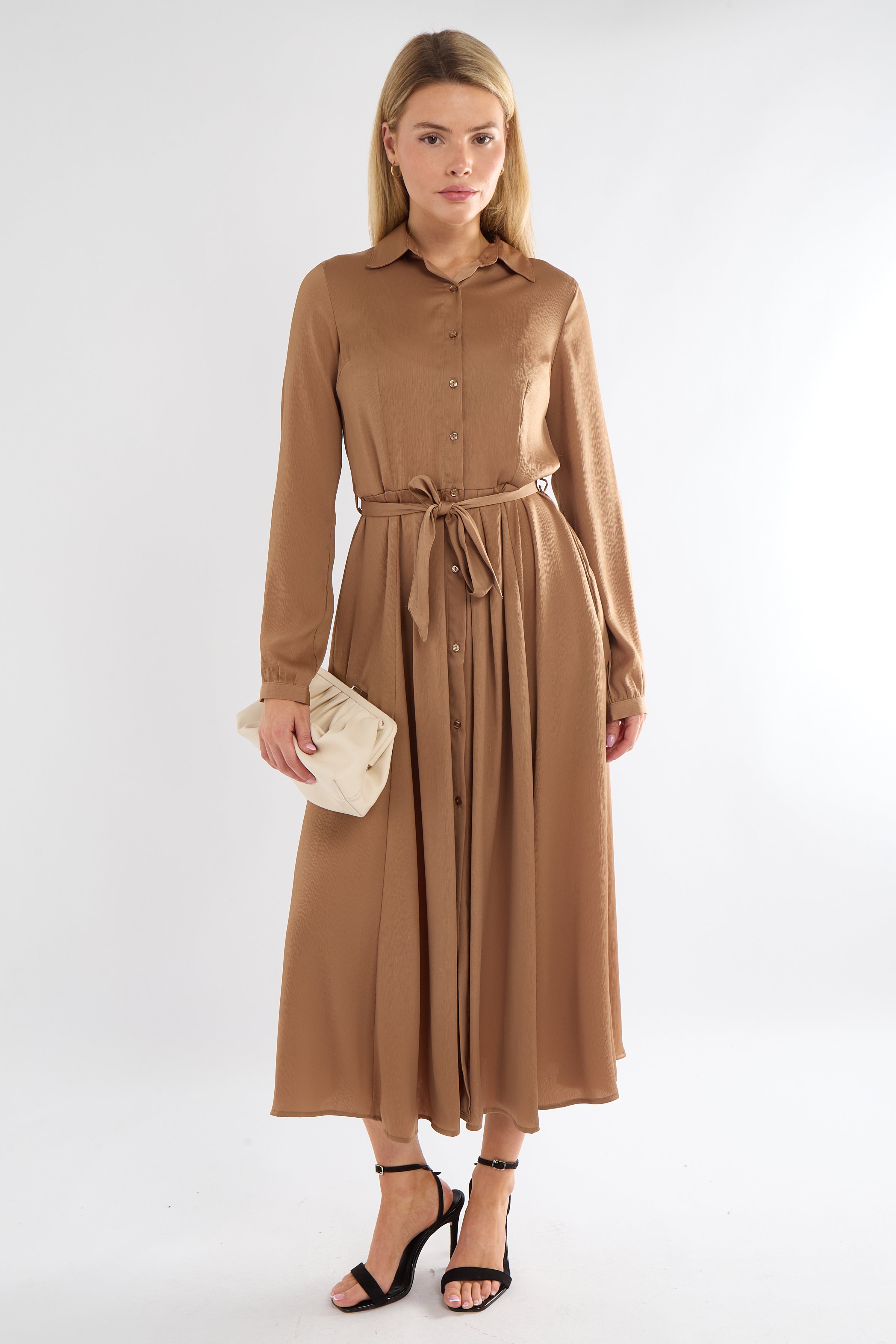 Golden Layer Satin Long Sleeve Maxi Shirt Dress