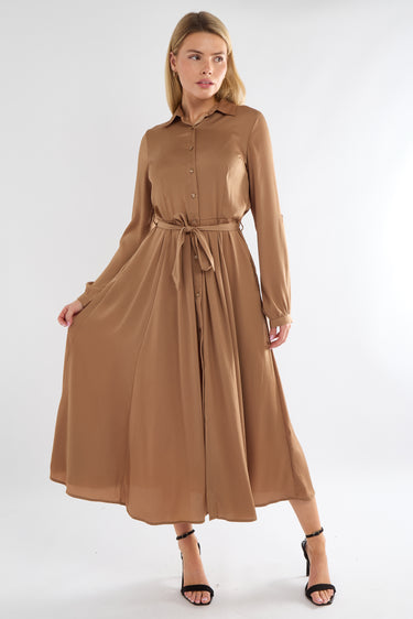 Golden Layer Satin Long Sleeve Maxi Shirt Dress