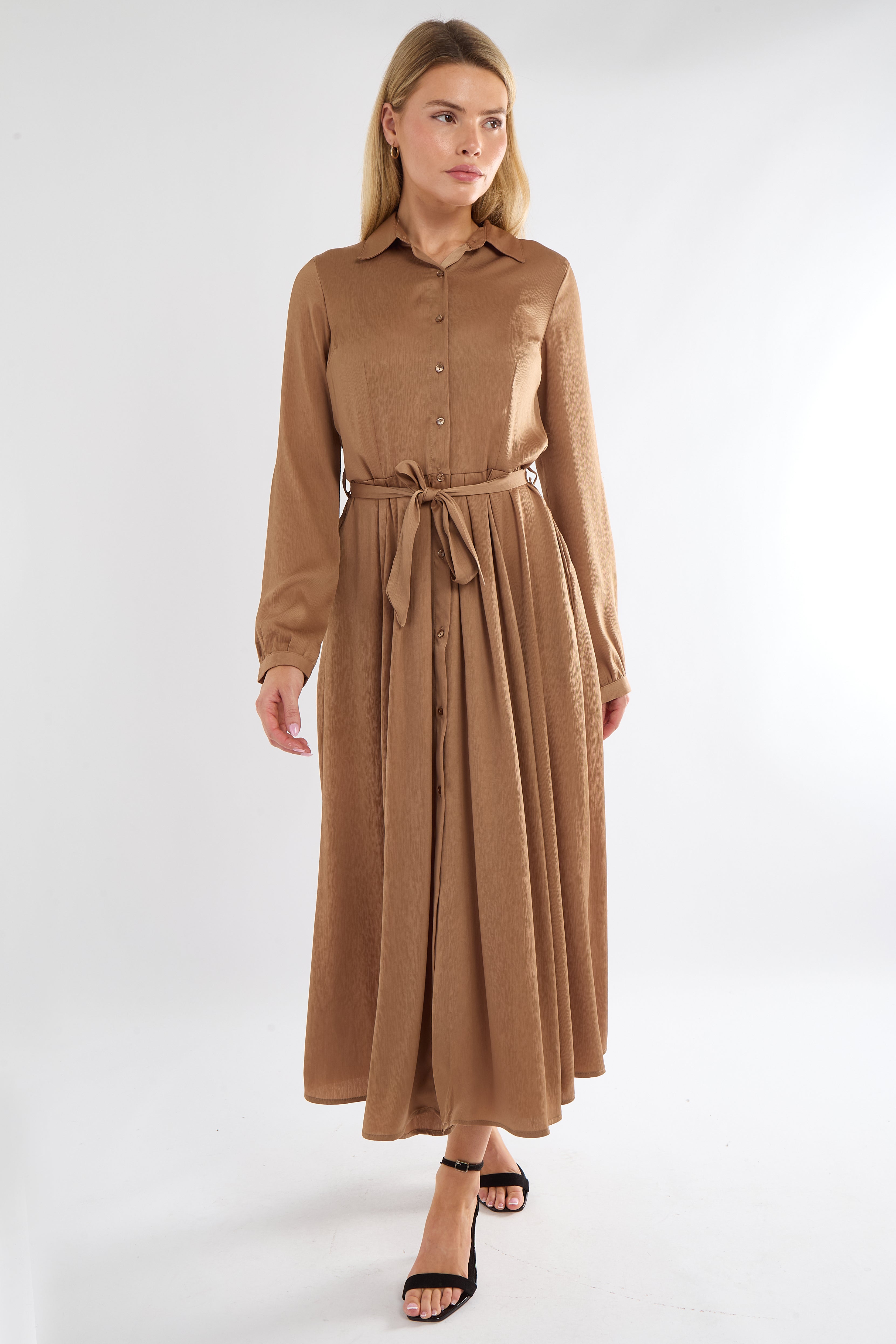 Golden Layer Satin Long Sleeve Maxi Shirt Dress