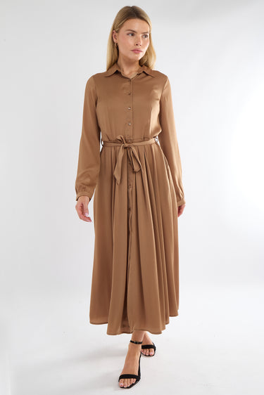 Golden Layer Satin Long Sleeve Maxi Shirt Dress