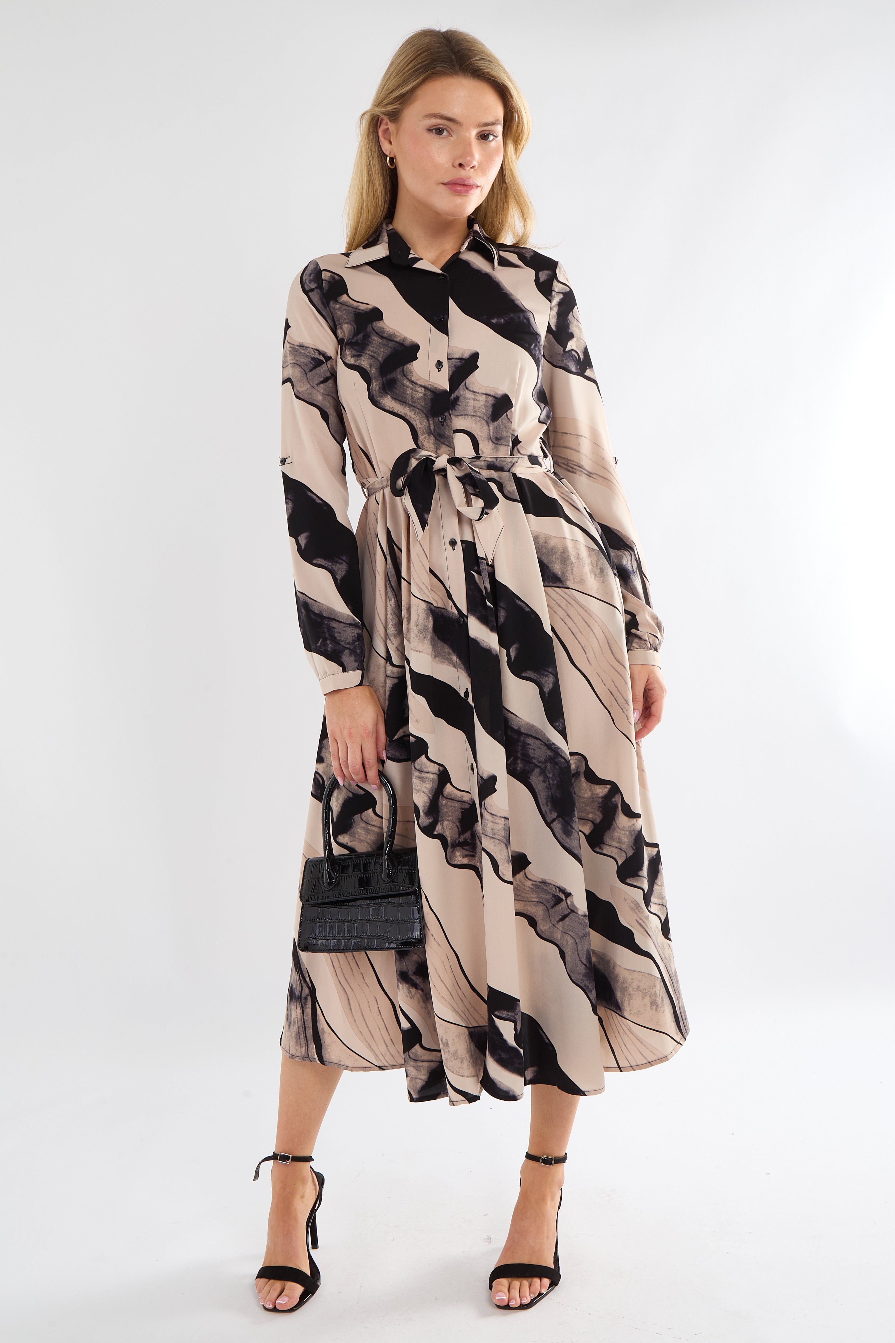 Black and Beige Abstract Print Midaxi Shirt Dress