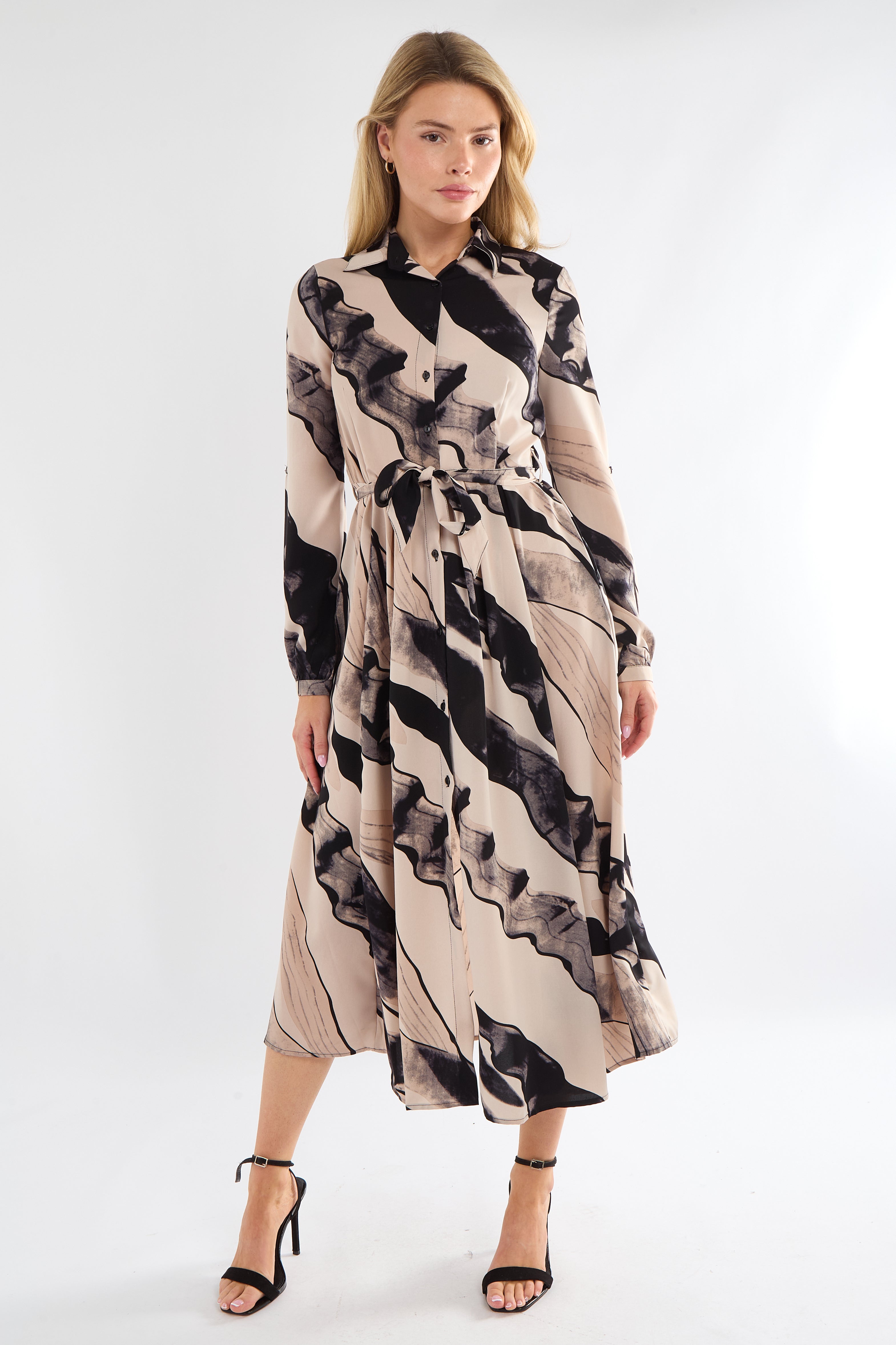 Black and Beige Abstract Print Midaxi Shirt Dress