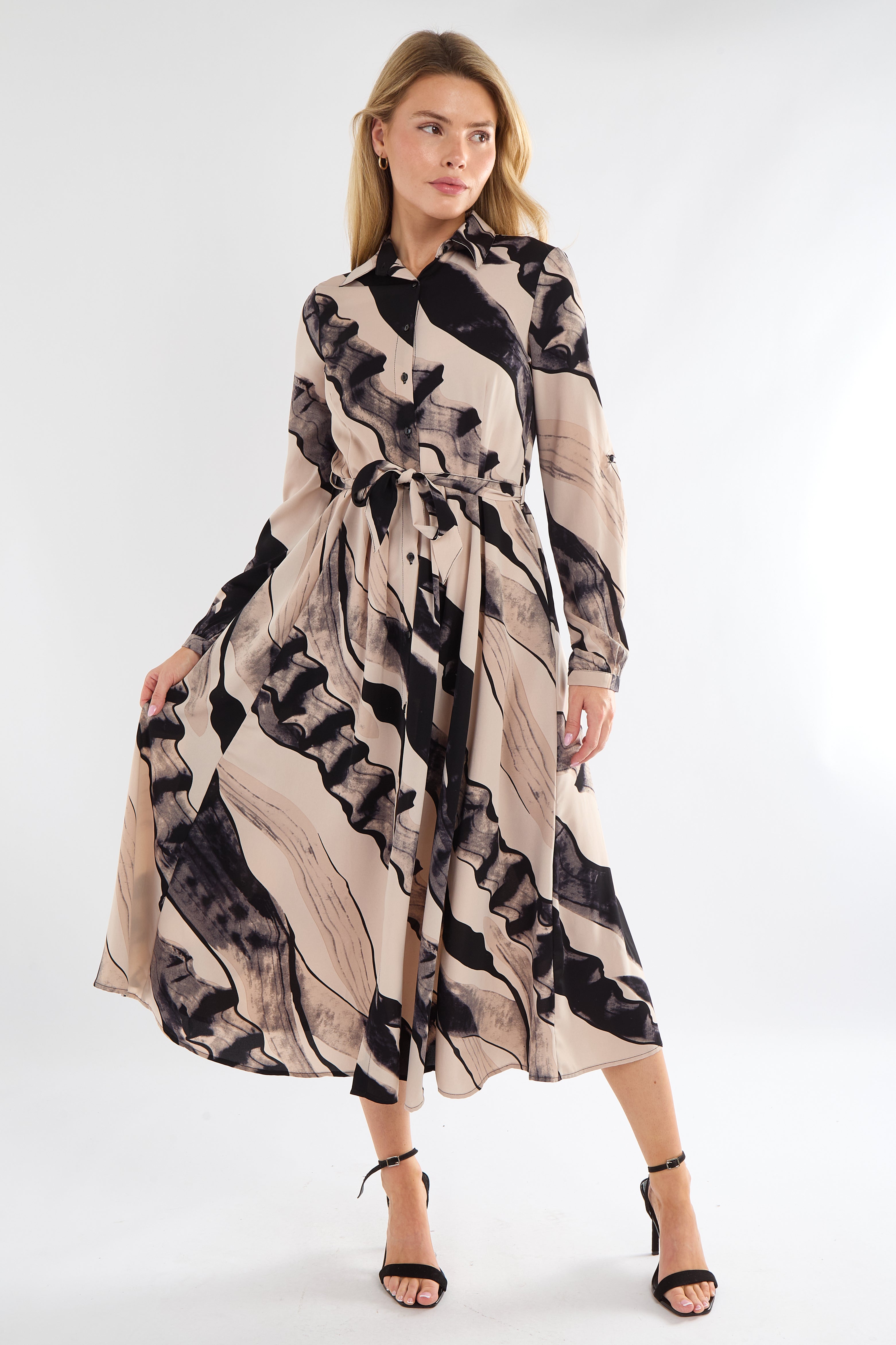 Black and Beige Abstract Print Midaxi Shirt Dress