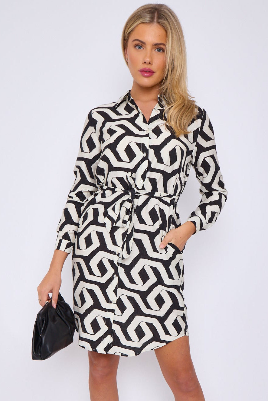 Black and White Geometric Print Mini Shirt Dress