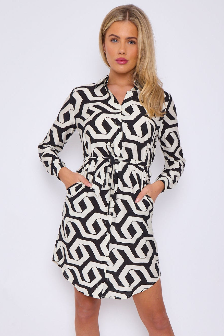 Black and White Geometric Print Mini Shirt Dress