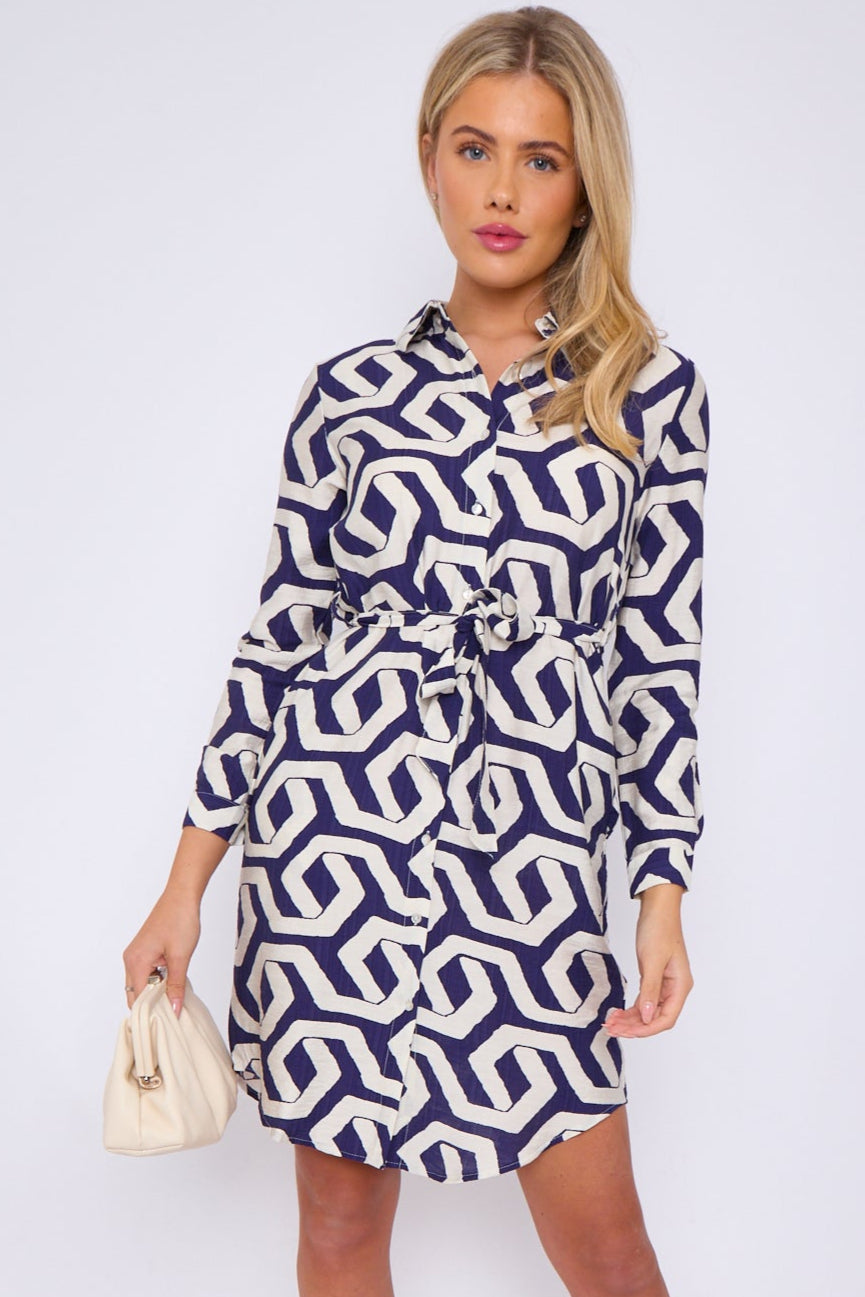 Navy and White Geometric Print Mini Shirt Dress