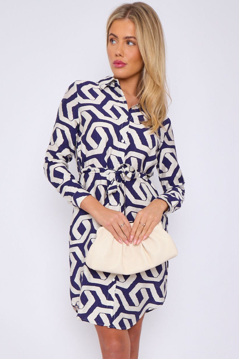 Navy and White Geometric Print Mini Shirt Dress