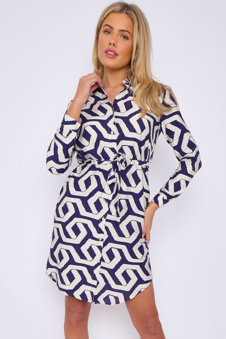 Navy and White Geometric Print Mini Shirt Dress