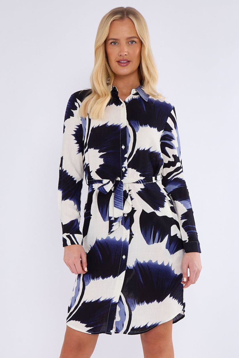 Navy Tie Dye Print Mini Shirt Dress