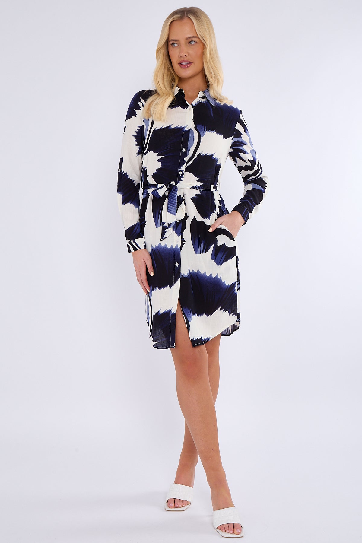 Navy Tie Dye Print Mini Shirt Dress