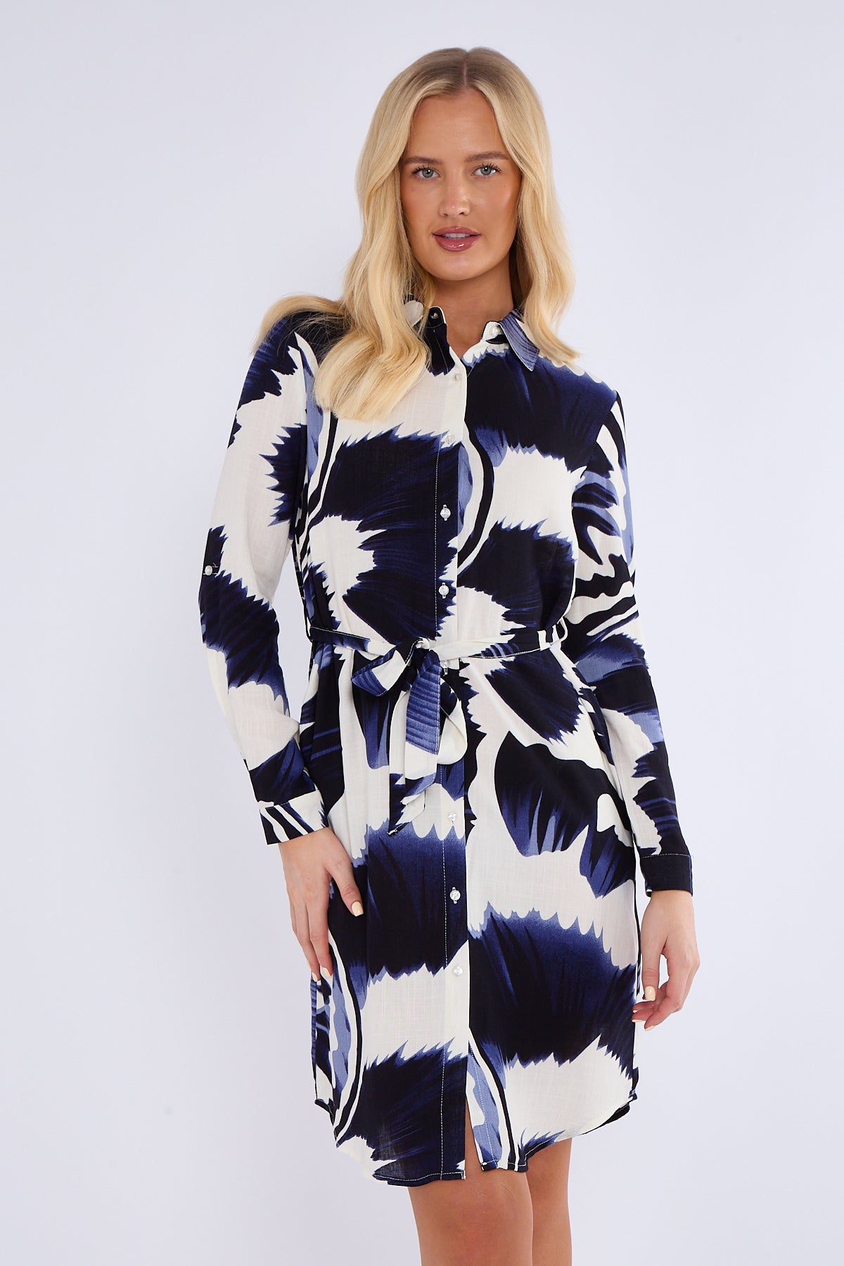 Navy Tie Dye Print Mini Shirt Dress