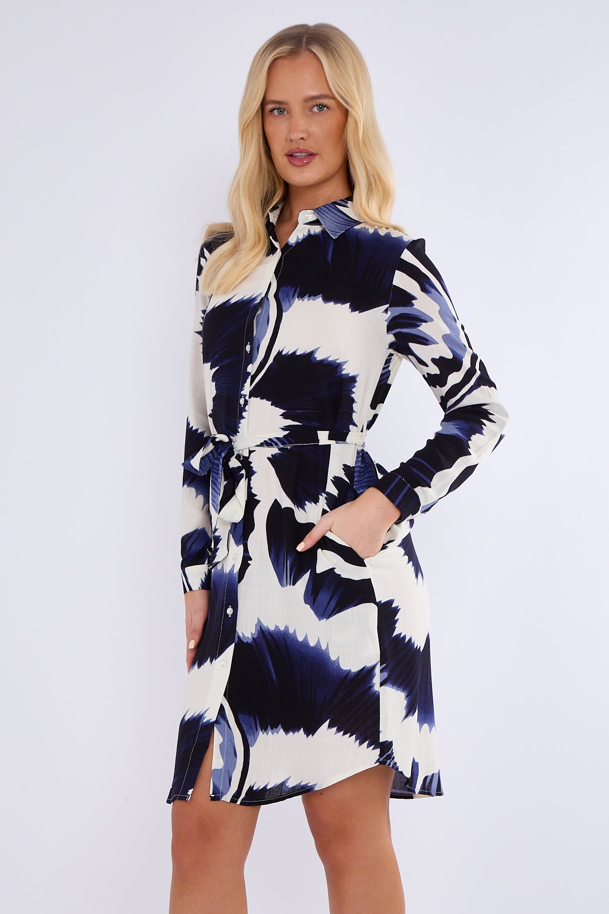 Navy Tie Dye Print Mini Shirt Dress