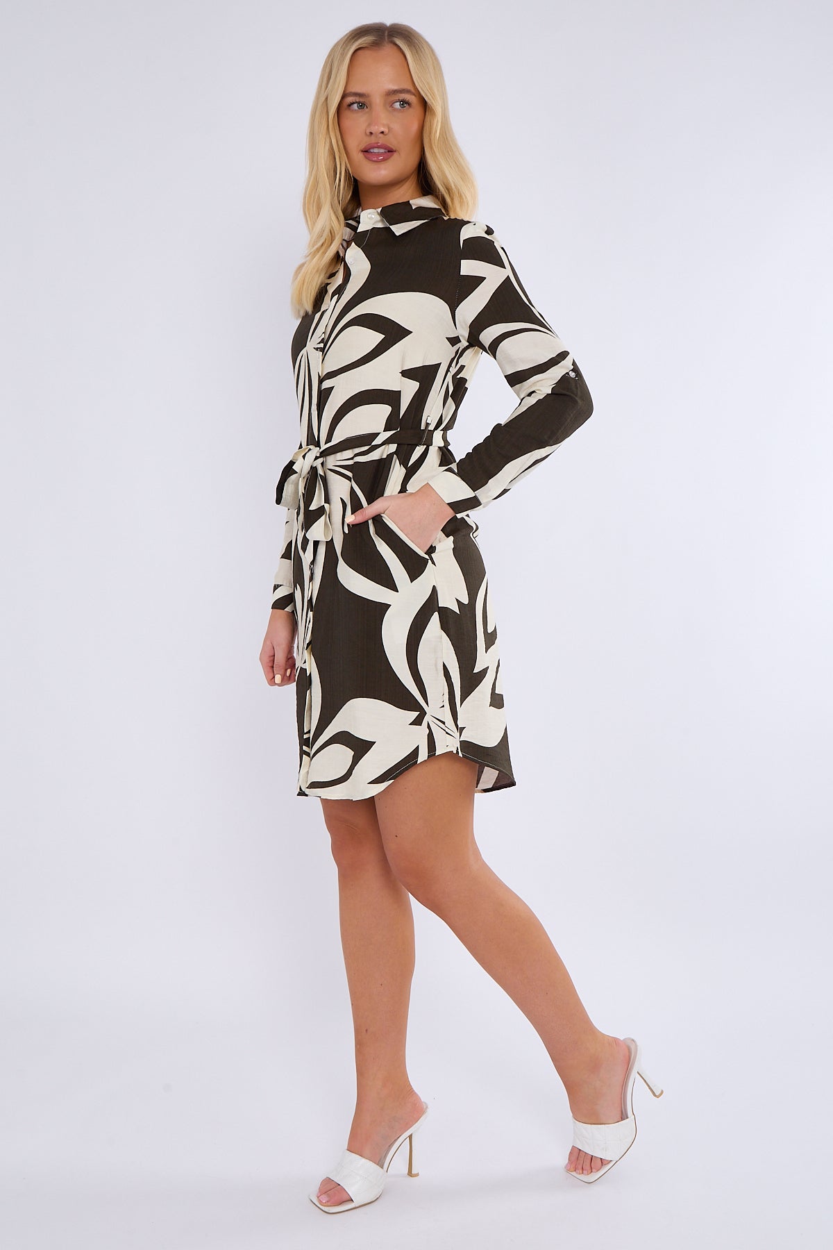 Khaki Abstract Floral Print Mini Shirt Dress