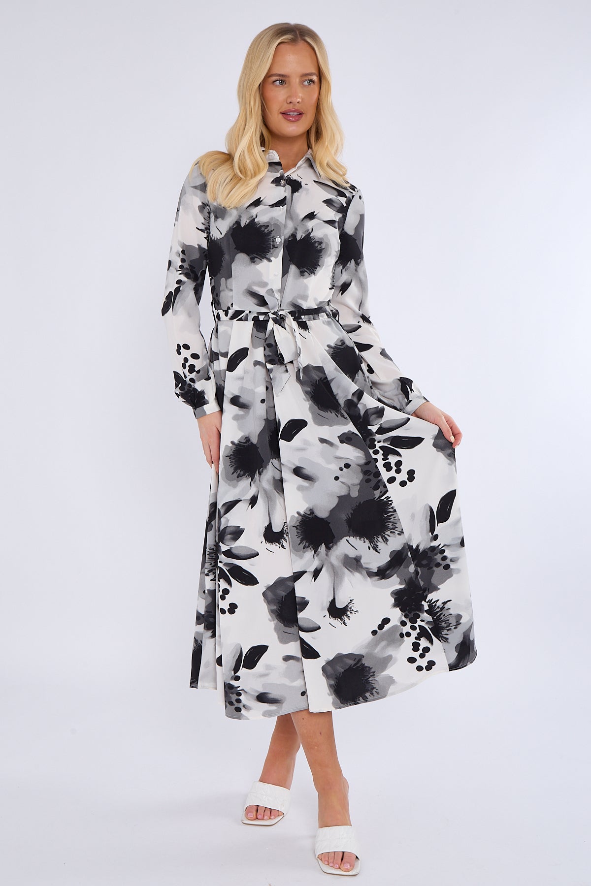 Monochrome Abstract Print Midaxi Shirt Dress