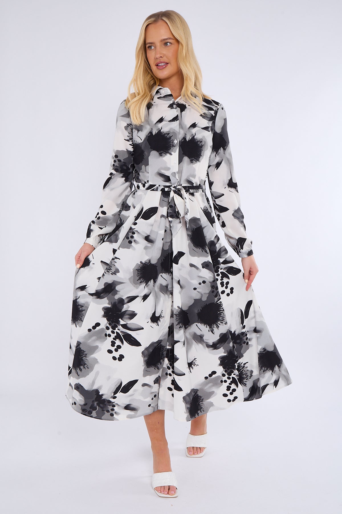 Monochrome Abstract Print Midaxi Shirt Dress
