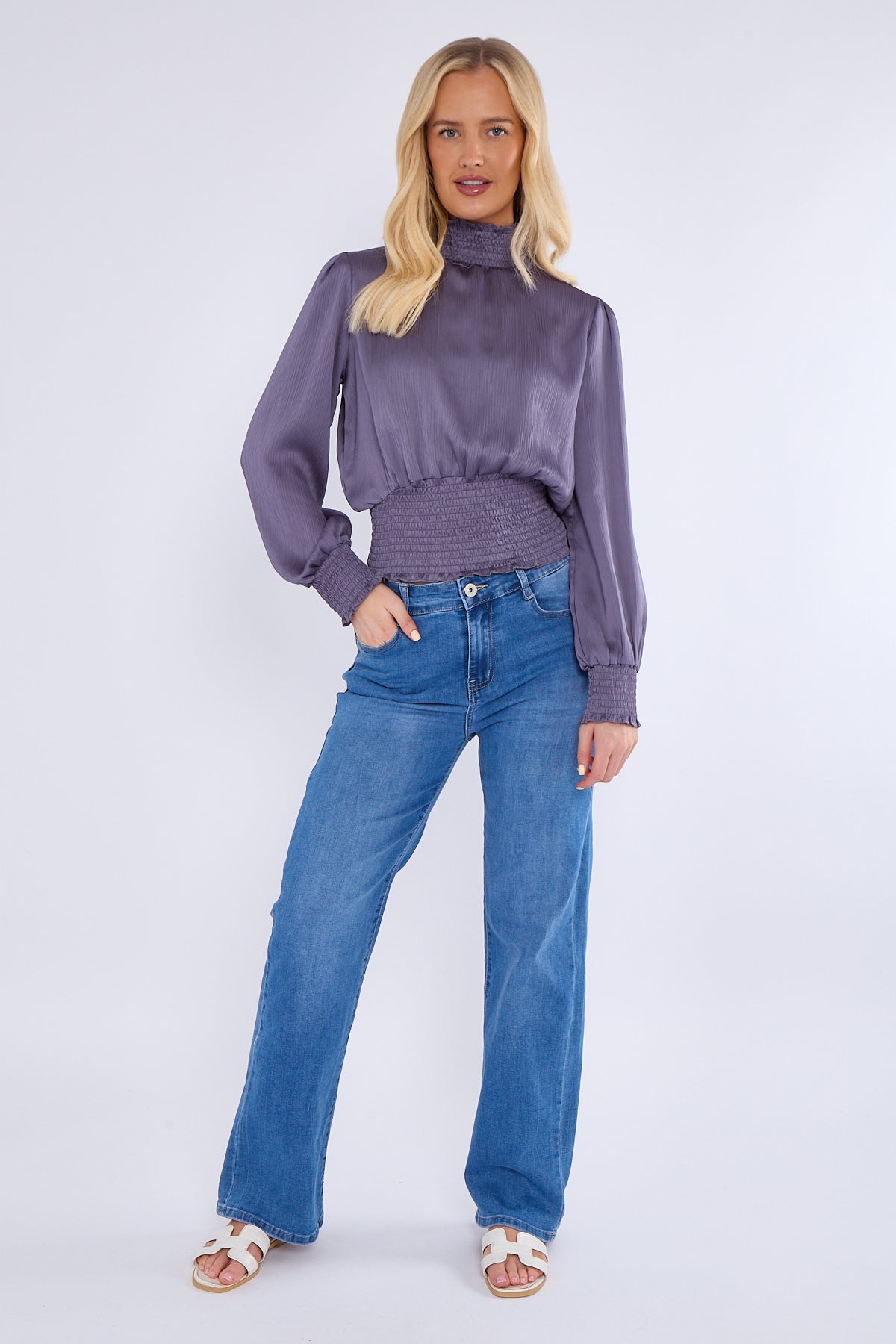 Purple Grey Creased Satin Shirred Waist Cropped Top