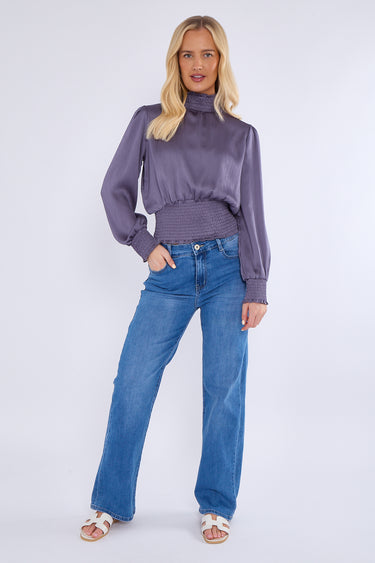 Purple Grey Creased Satin Shirred Waist Cropped Top