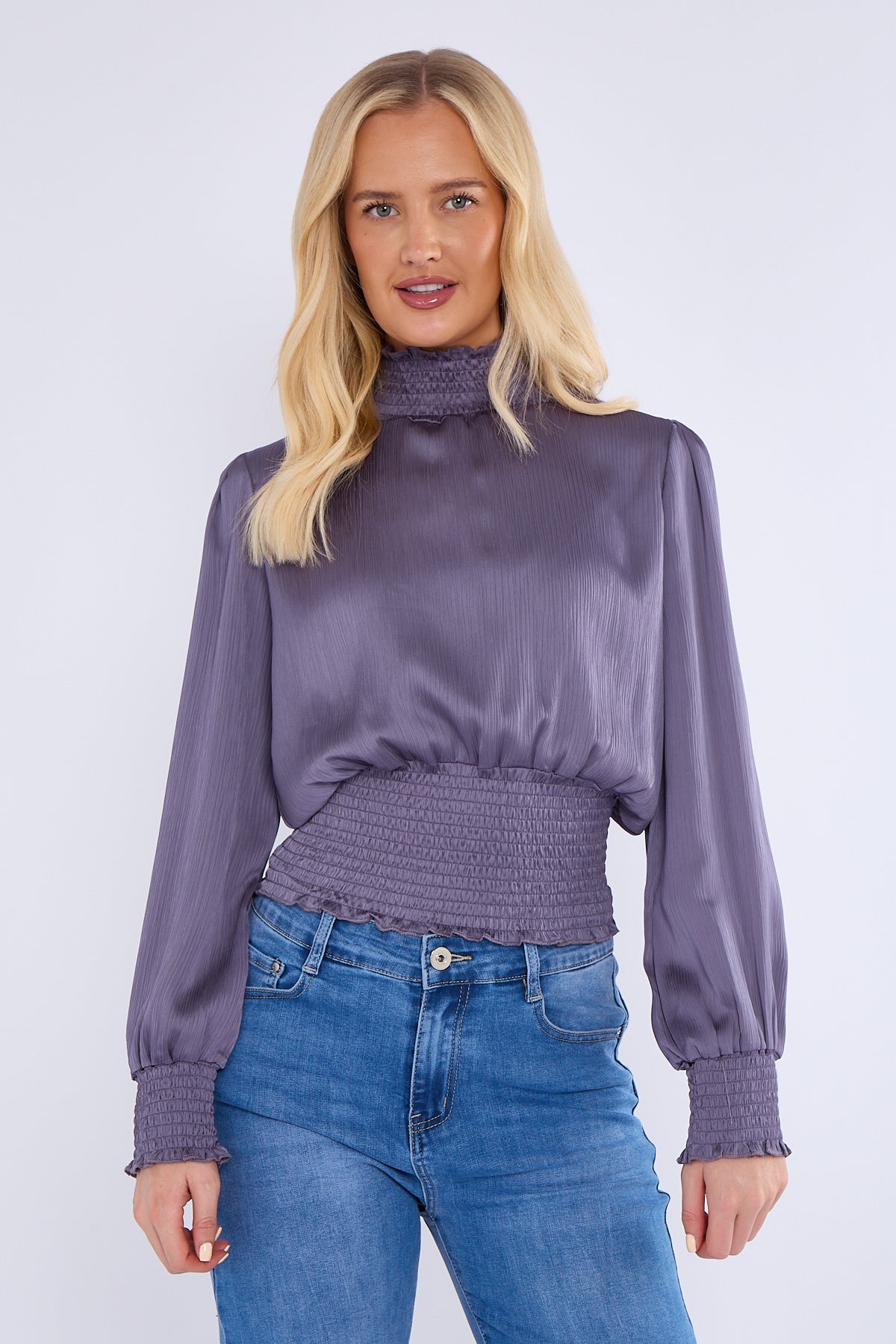 Purple Grey Creased Satin Shirred Waist Cropped Top