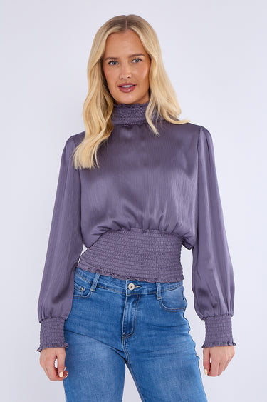 Purple Grey Creased Satin Shirred Waist Cropped Top