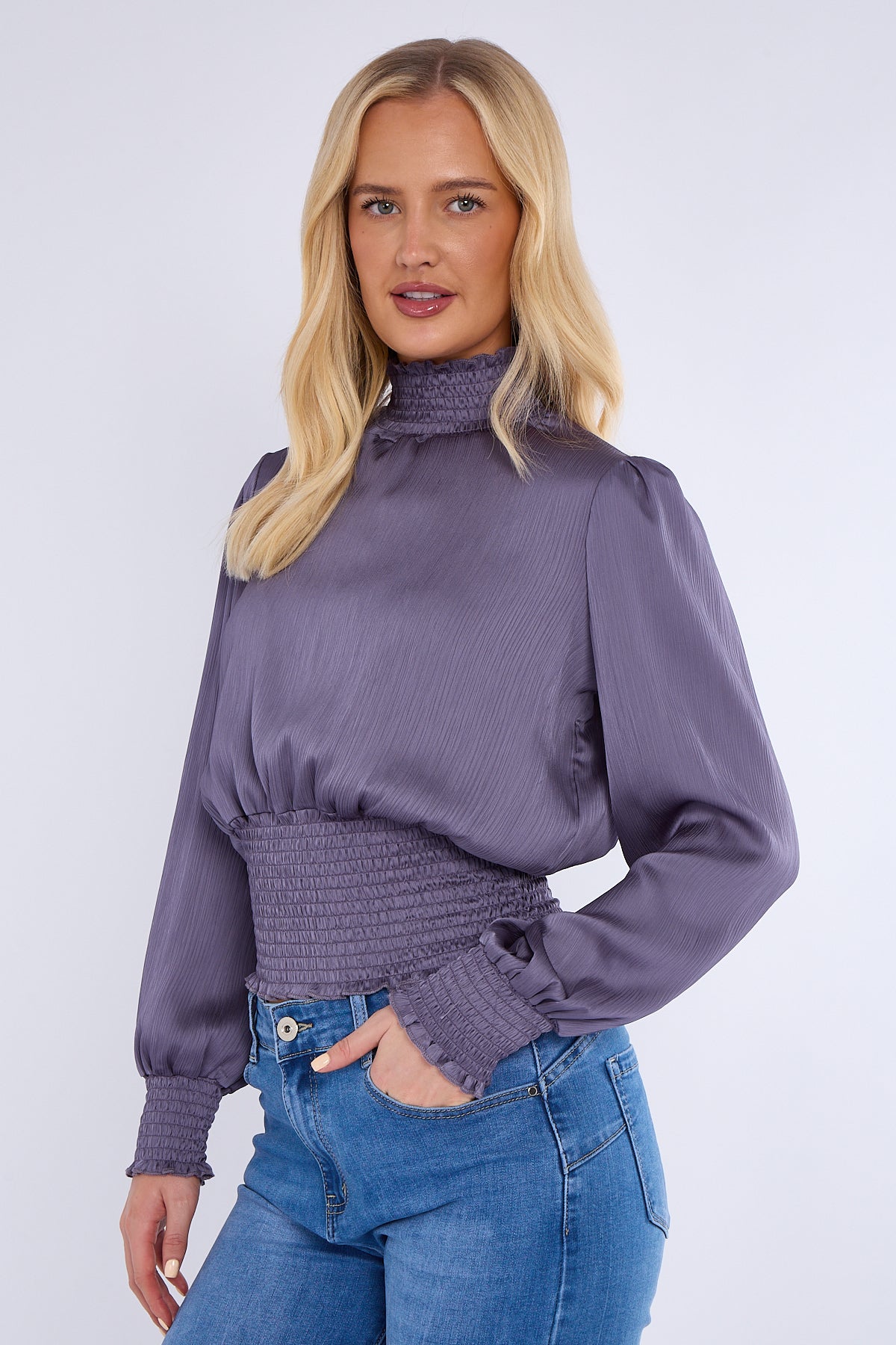 Purple Grey Creased Satin Shirred Waist Cropped Top