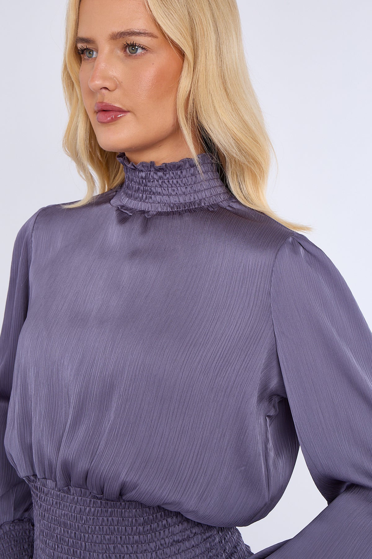 Purple Grey Creased Satin Shirred Waist Cropped Top