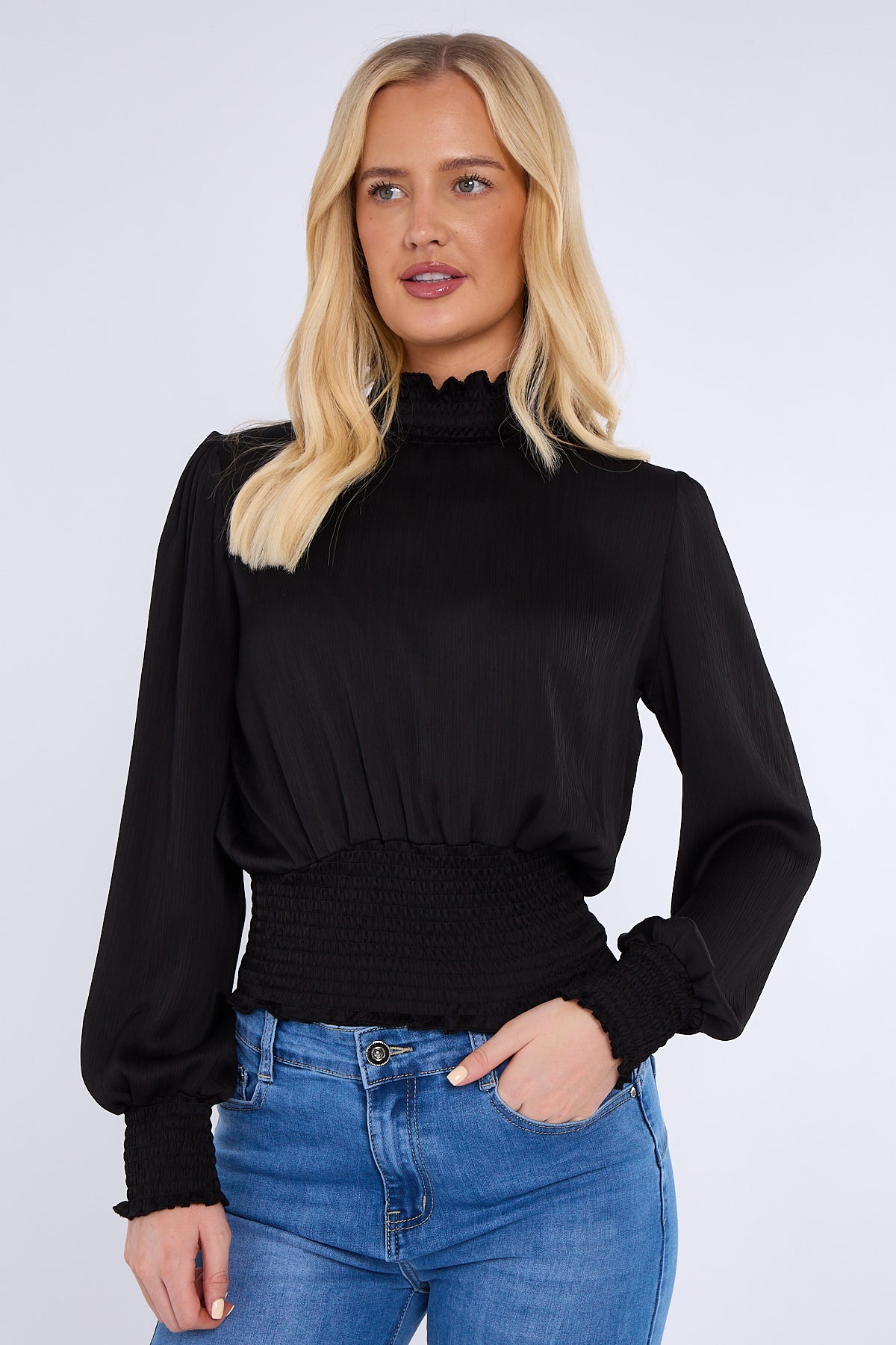 Black Creased Satin Shirred Waist Cropped Top