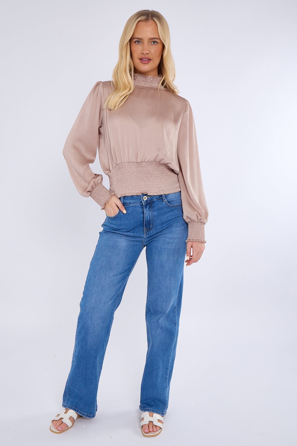 Champagne Creased Satin Shirred Waist Cropped Top