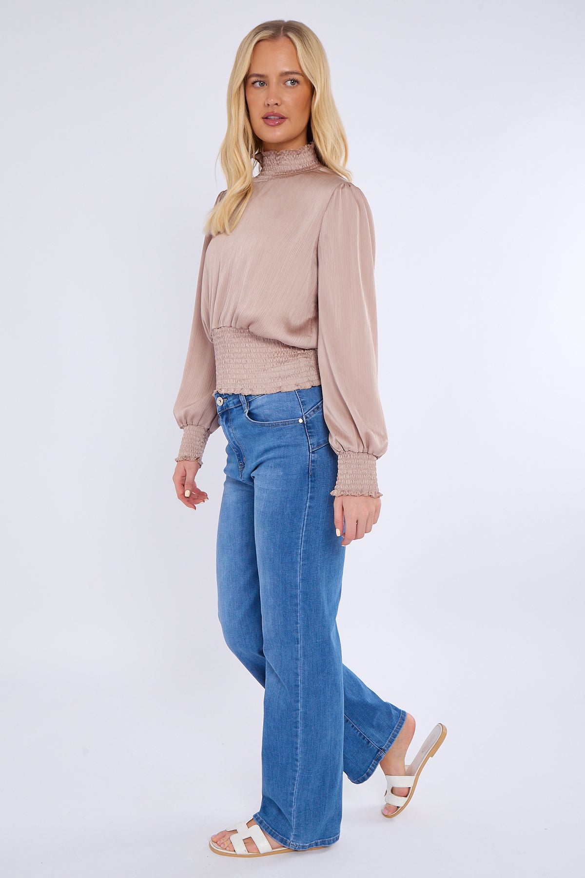 Champagne Creased Satin Shirred Waist Cropped Top
