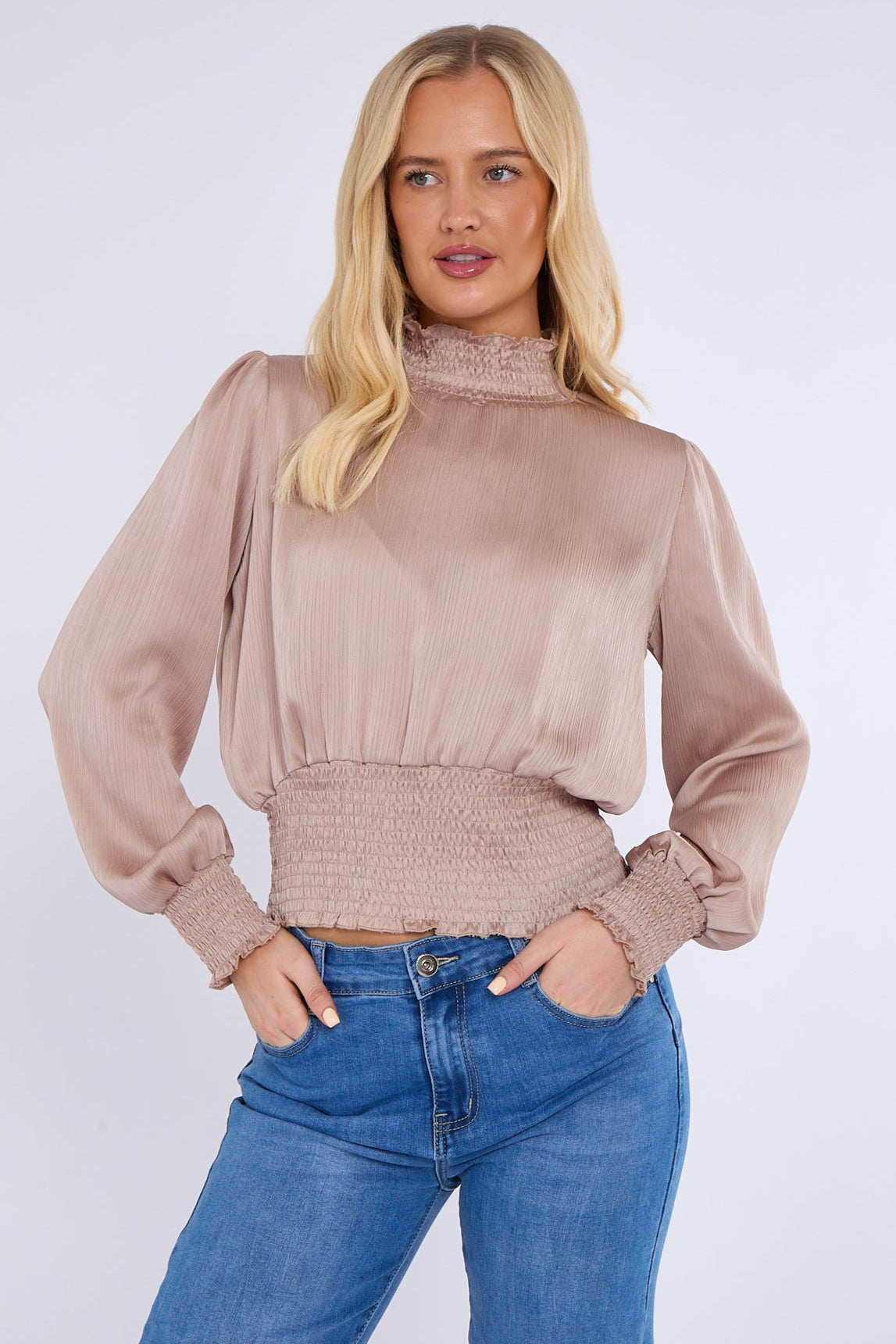 Champagne Creased Satin Shirred Waist Cropped Top