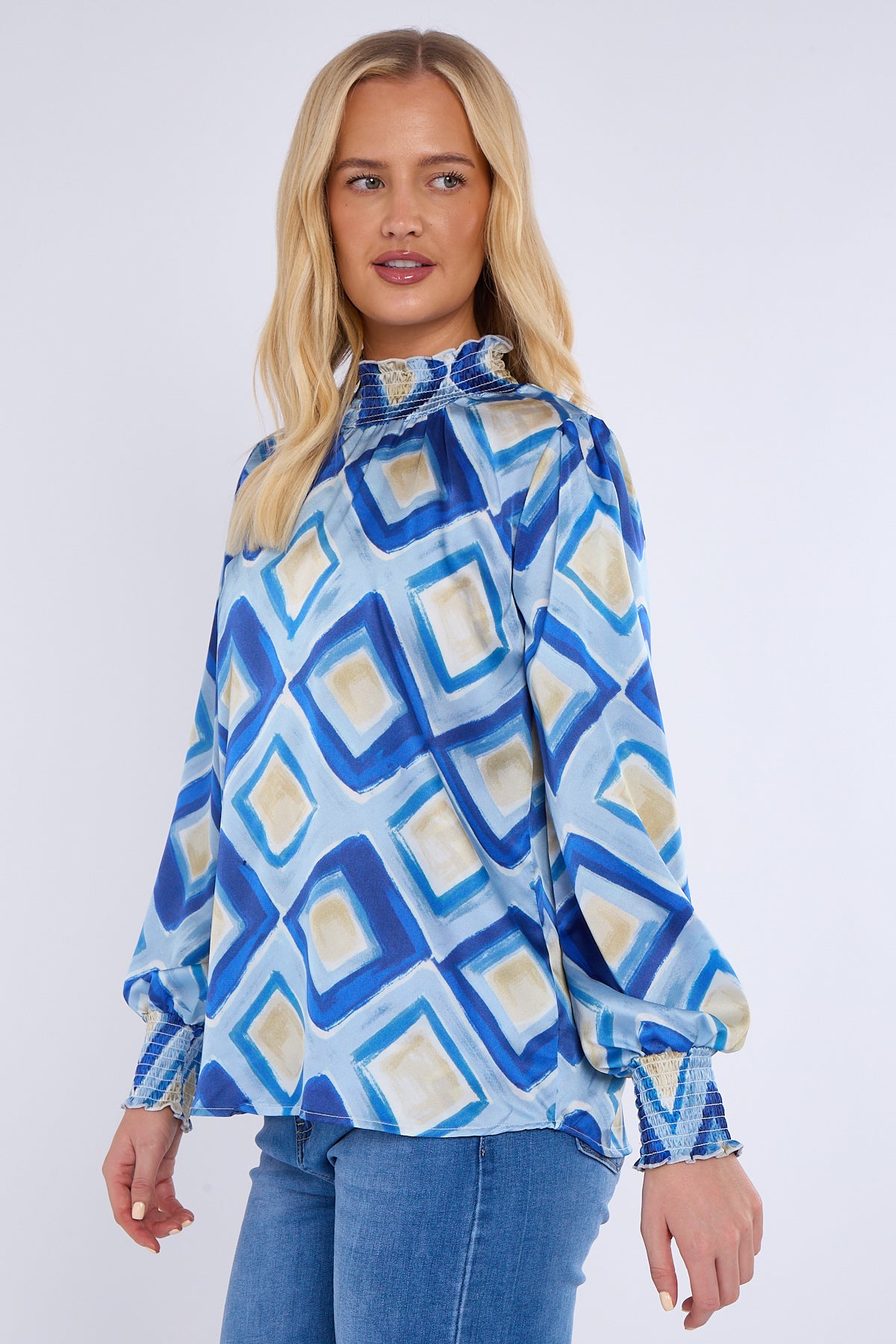 Blue Mosaic Print Shirred Neck Satin Top