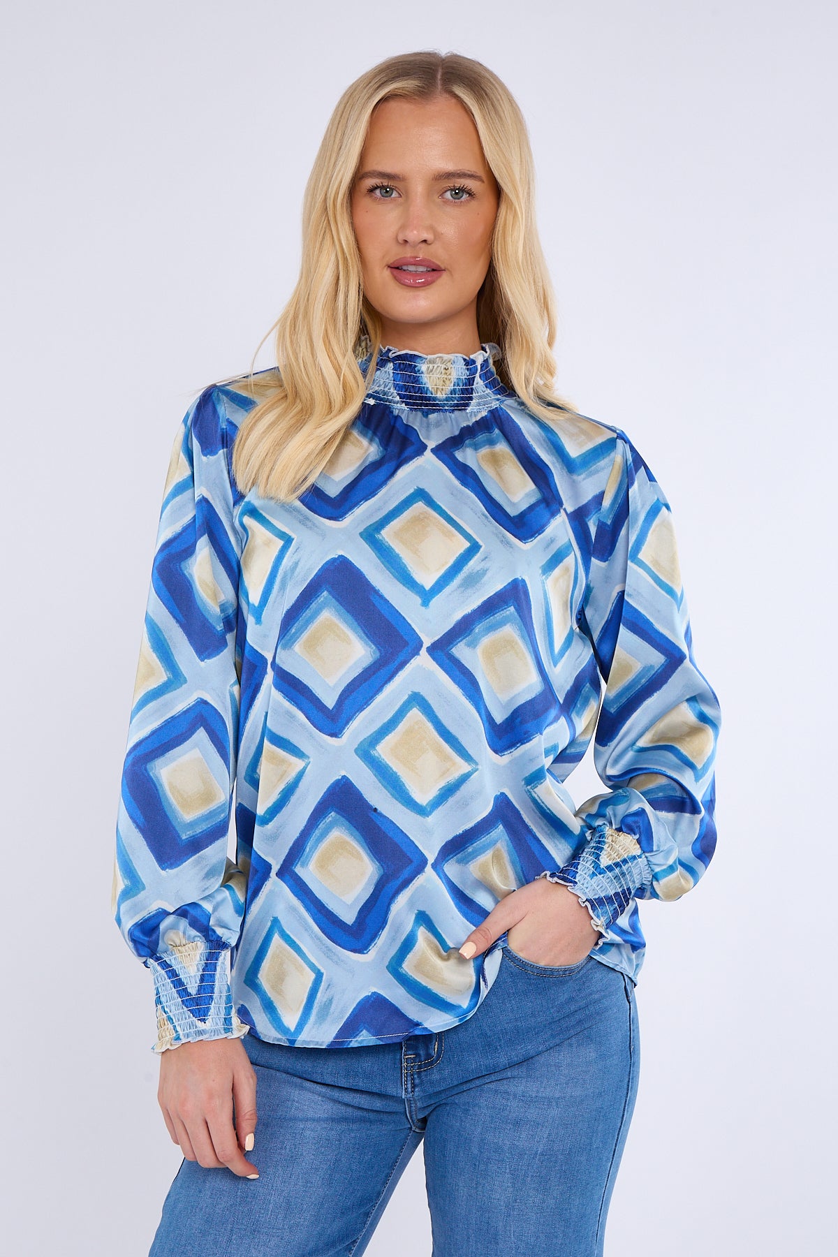 Blue Mosaic Print Shirred Neck Satin Top