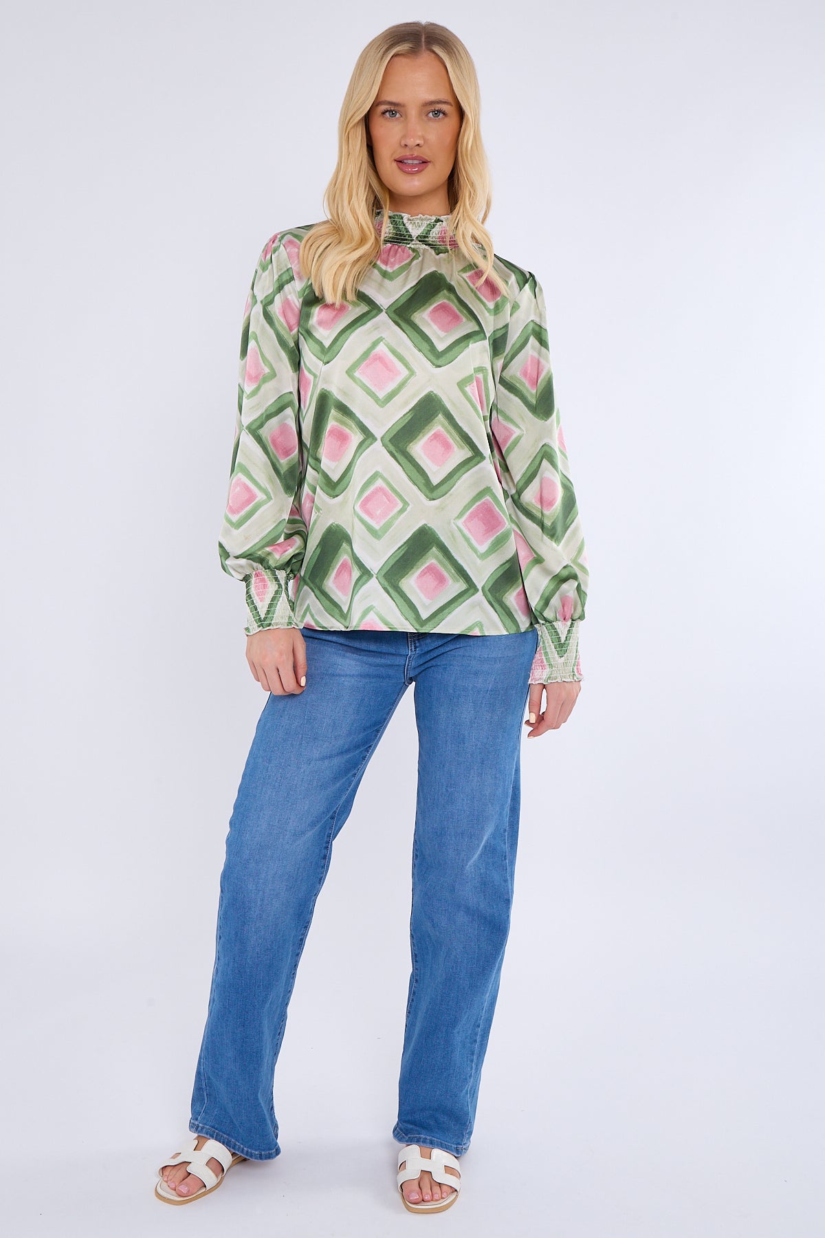 Green Mosaic Print Shirred Neck Satin Top