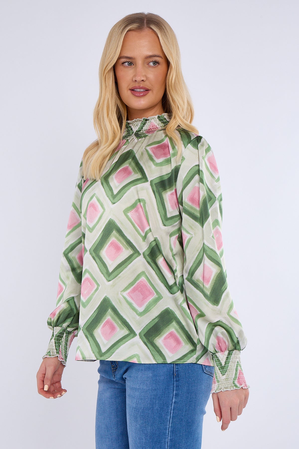 Green Mosaic Print Shirred Neck Satin Top