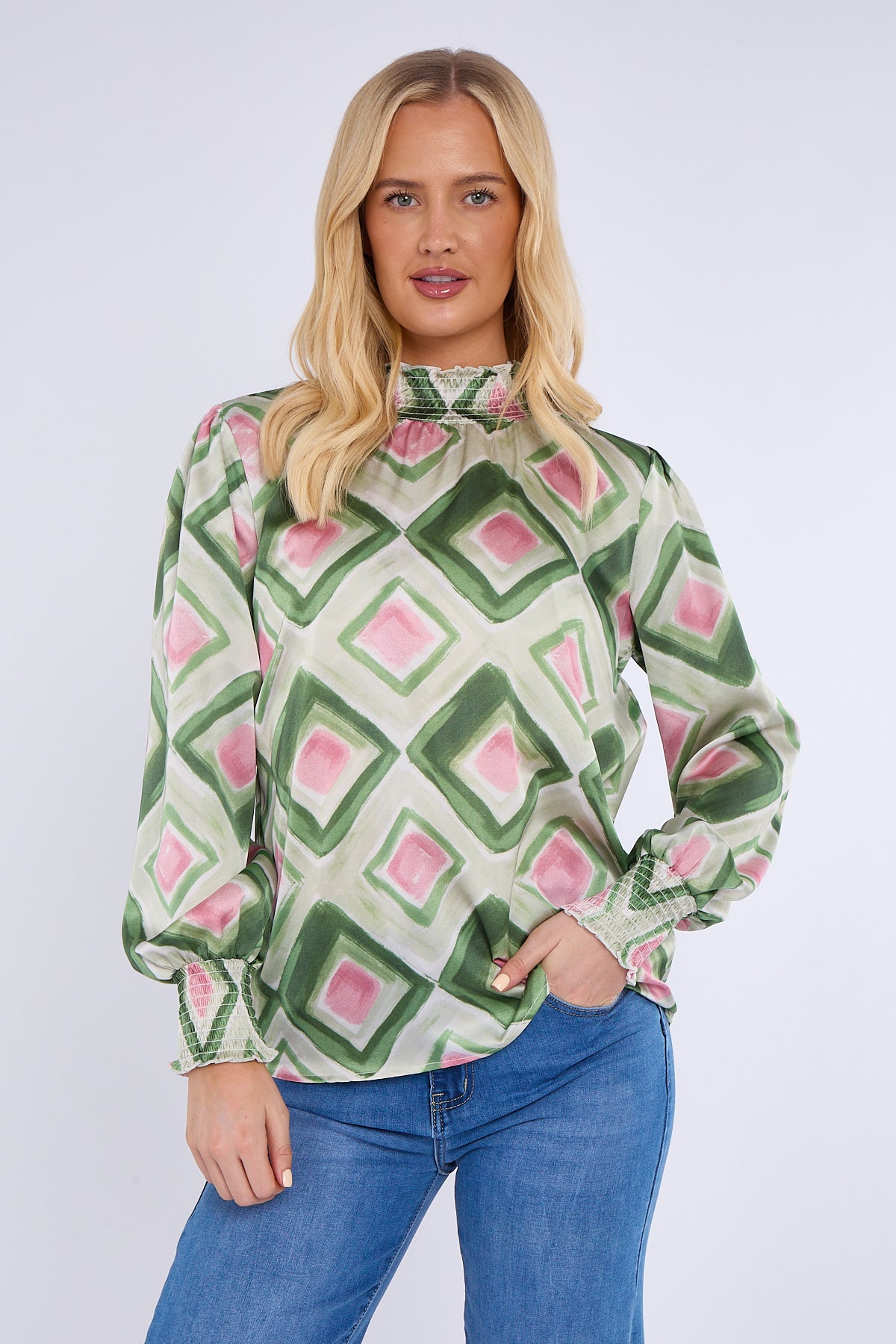 Green Mosaic Print Shirred Neck Satin Top