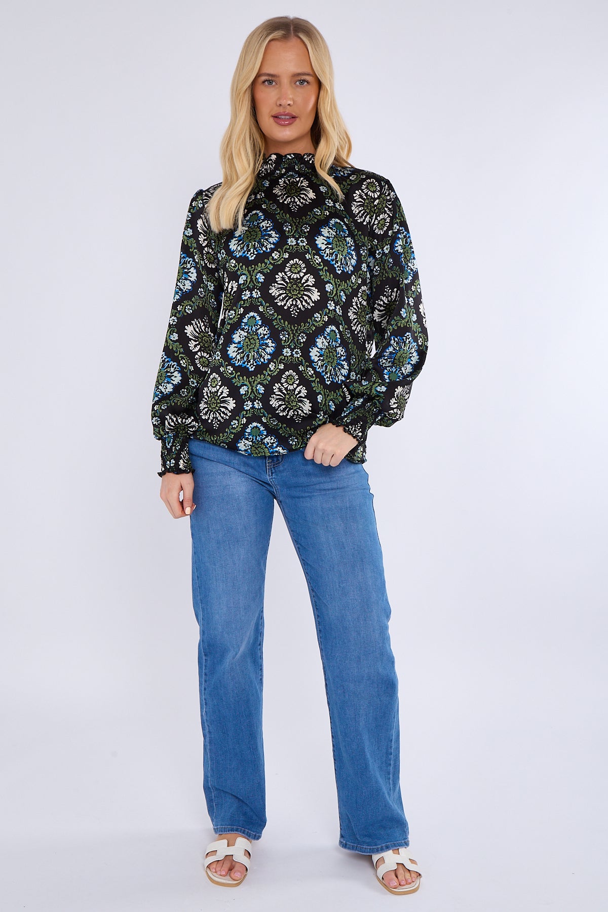 Black Baroque Floral Print Shirred Waist Blouse