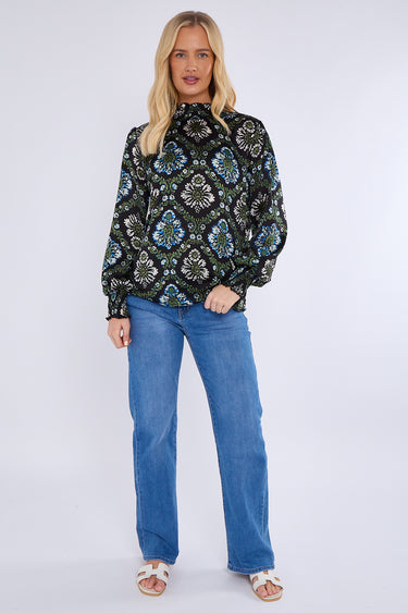 Black Baroque Floral Print Shirred Waist Blouse