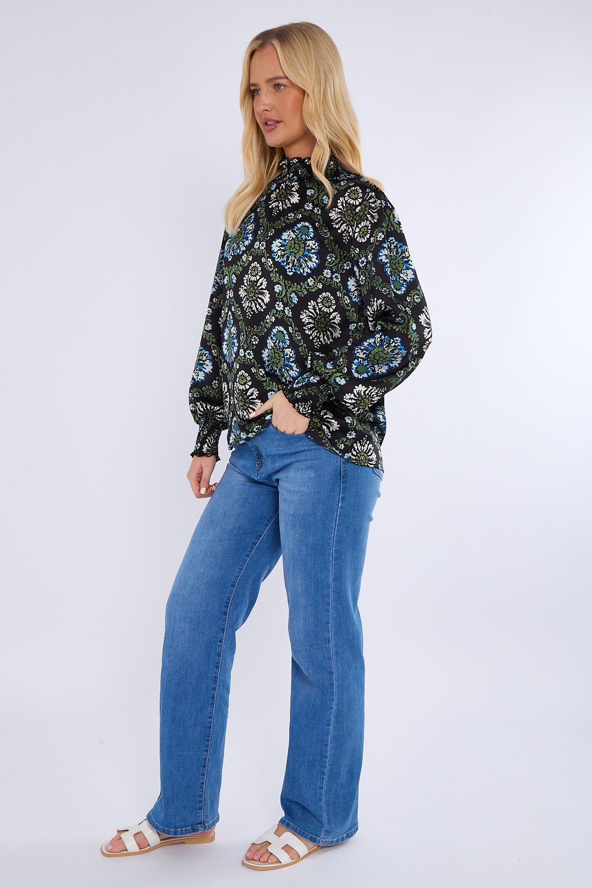 Black Baroque Floral Print Shirred Waist Blouse