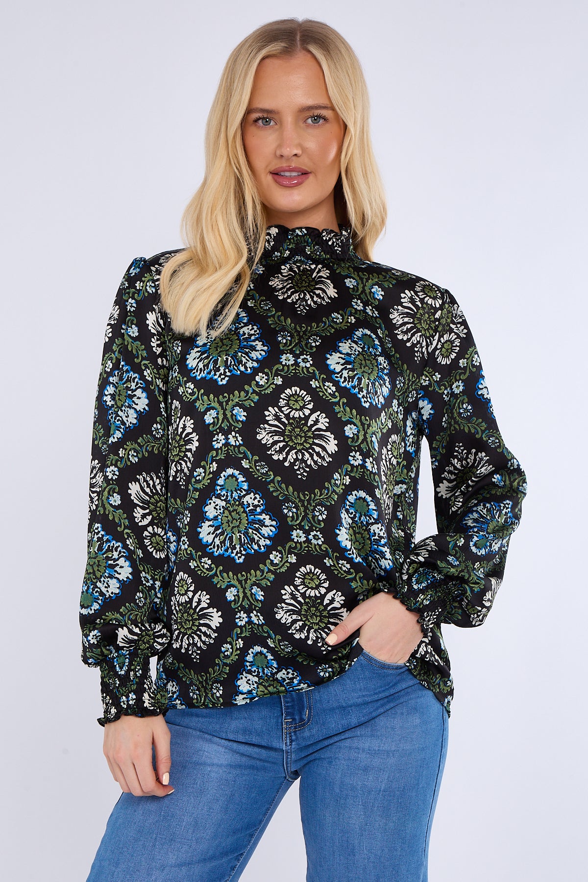 Black Baroque Floral Print Shirred Waist Blouse